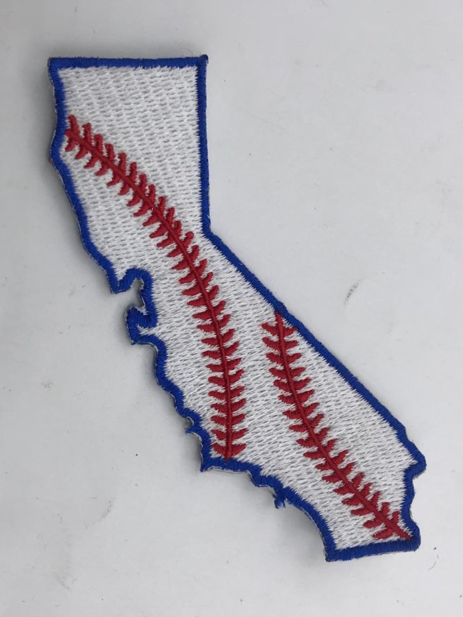 die
                                cut style full embroidered california map patch;
                                white embroidered base, blue edge, red zig zag
                                style embroidery across gives baseball impact
